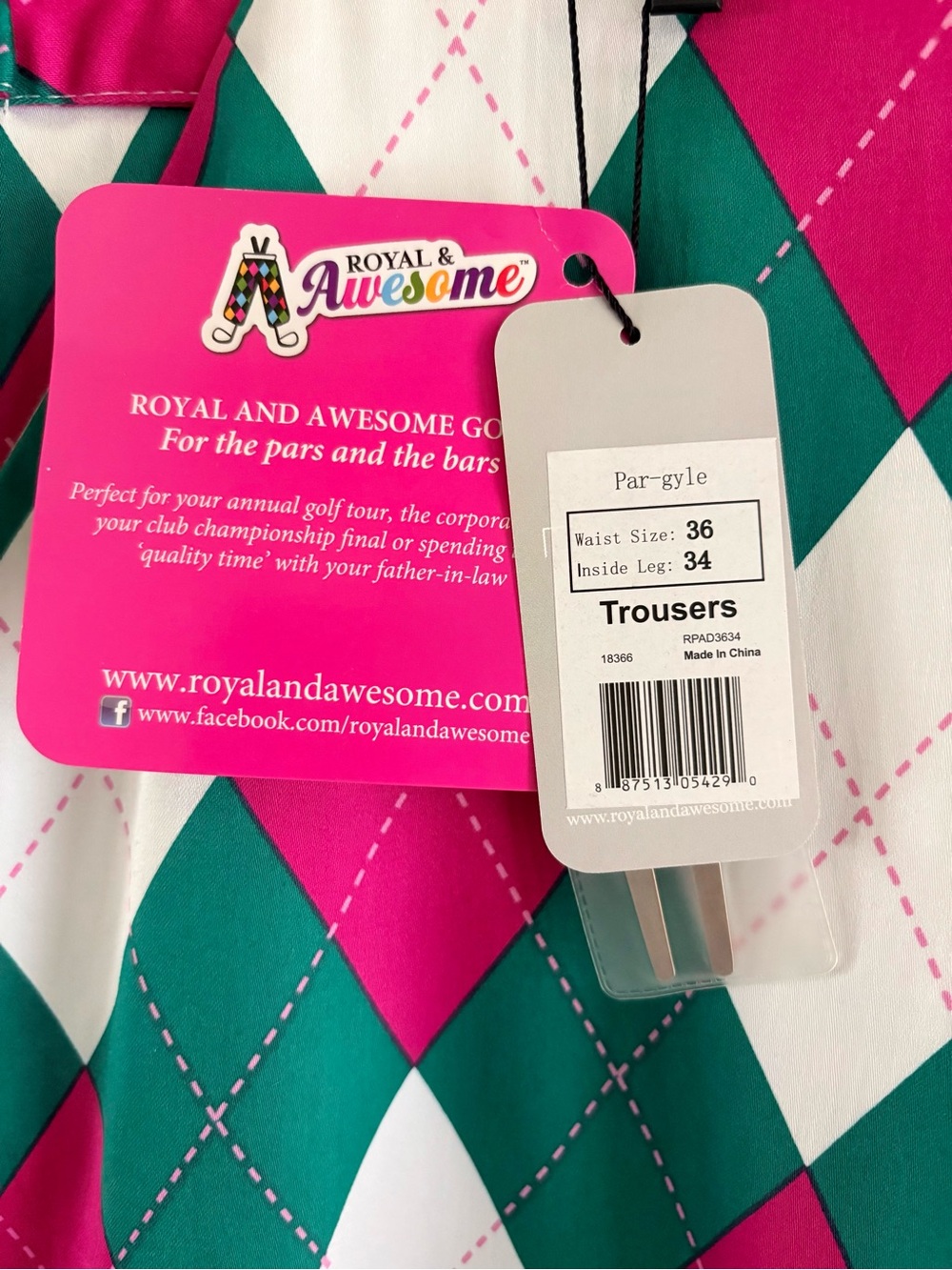 ROYAL & AWESOME Golf Pants | Par-Gyle | Masters Green & Hot Pink | Size 36/34 - Picture 4 of 9
